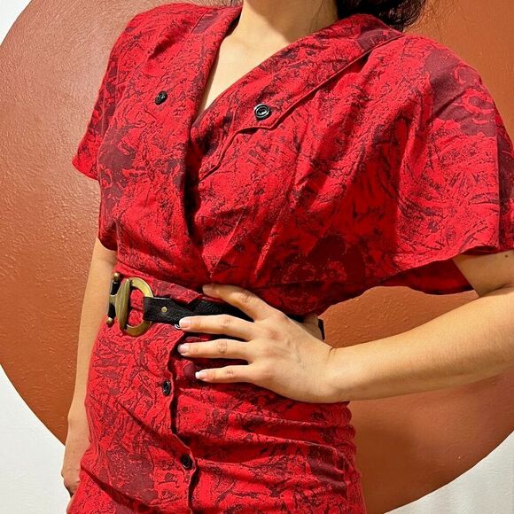 vtg 80s wrap shirt dress asymmetric ruffle rose print fitted‎ button Medium - Picture 5 of 5